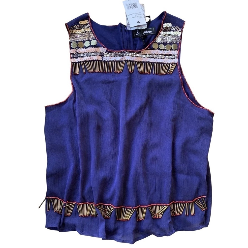 Sam Edelman Metallic Beaded Sequined Sleeveless Top Blue Gold Size M